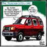 Aislin cartoon February 15, 2000. SUVs now outsell standard cars.