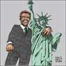 Aislin cartoon October 9, 2003.  Arnold Schwarzenneger gropes his way to the Governors mansion.
