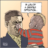 Aislin Cartoon April 20, 2006.  After the election, Stephen Harper has his nose squeezed by 6-month old Solomon Buster. 
